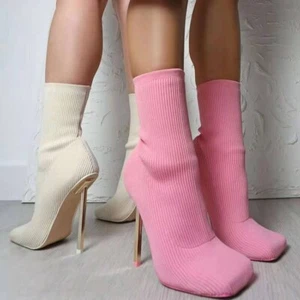 Mujer Sexy Calcetín Botas Stiletto Puntera Cuadrada Elástico Punto Botines Zapatos - Imagen 1 de 7