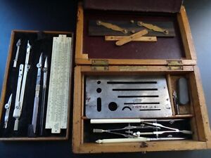 ANTIQUE DRAUGHTMANS TECHNICAL DRAWING INSTRUMENTS / SLIDE RULE IN TWO TIER  CASE