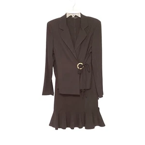 Courtenay 2 PC Black Linen Suit Wrap Style Jacket Ruffle Hem Skirt Womens 10 NWT - Picture 1 of 13