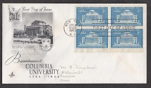 USA 1954 FIRST DAY COVER 200th ANNIV OF COLUMBIA UNIVERSITY IN BLK OF 4 + CACHET - Picture 1 of 1