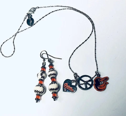 Baltimore Orioles Necklace w/Mascot , Peace sign & a pair of  Baseball Earrings Cover