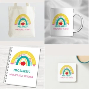 Teacher Thank you Gift Bundle Personalised Rainbow Tote Bag Mug & More (13) - Picture 1 of 13
