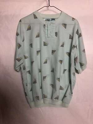 Men's Vintage Street Scenes Short Sleeve Pullover Henley Shirt Teal Medium - Image 1 of 3