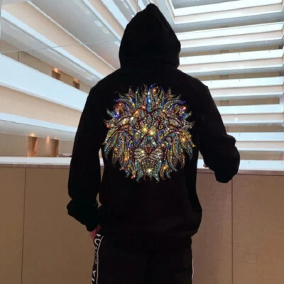 Fashion Lion Rhinestone Hot Drill Diamond Winter Hoodie Men Luxury Sweatshirt - Image 1 of 4