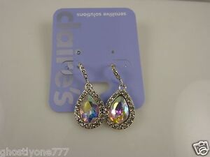 Claires sensitive solutions silver tone tear drop shape crystal bling earrings