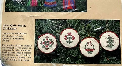 the Creative Circle cross stitch kit Quilt block Christmas 4 ornaments # 2324 - Image 1 of 4