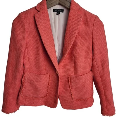 Blazer Ann Taylor Coral Tweed Mujer Talla 0 Chaqueta Borde Deshilachado Botón Dorado Carrera Foto 1 de 4