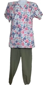 Small Scrub Set/Landau Floral Snap Top/Vanilla Star Kaki Elastic Cuffed Pants - Picture 1 of 6
