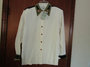 Neu mit Etikett Cache 100 % Seide Hemd Bluse Langarm Krone Knöpfe Perlen bestickt M - Bild 1 von 9