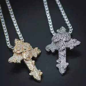 Catena da tennis diamanti oro bianco 18k Lab con collana Choker ghiaccio reale croce rosa - Foto 1 di 2