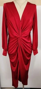 Boohoo 10 Dress Plunge V-Neck Crossover Twist Knot Front Slit Red Shiny Midi NWT - Picture 1 of 9