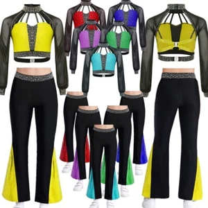 Kids Girls Shiny Modern Ballet Crop Top Rhinestones Dance Tank Vest and Pants - Picture 1 of 151