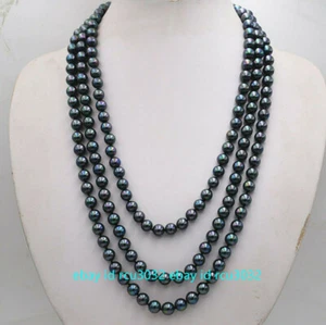 Long 50'' Genuine Peacock Black South Sea 8mm Shell Pearl Round Beads Necklace - Picture 1 of 12