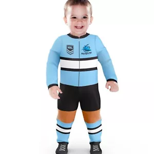 CRONULLA SHARKS NRL TEAM LOGO LONG SLEEVE FULL FOOTY SUIT FOOTYSUIT BABY TODDLER - Foto 1 di 2