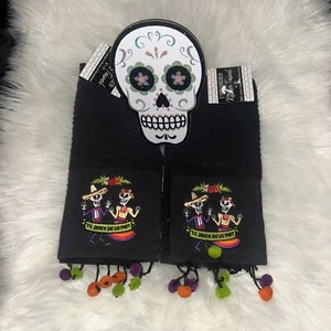 Halloween Day of the Dead Embroidered Dia De Muertos Dish Towels & Plaque X3 NWT - Picture 1 of 4