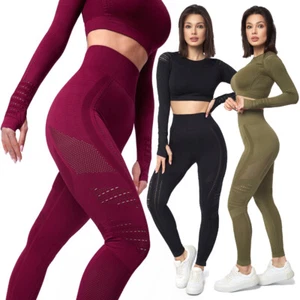 2 pz set allenamento donna senza cuciture manica lunga top ritagliato fitness ST92 - Foto 1 di 13
