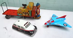 3 Tin plate toys including porter/trolley, aeroplane and Ambulance - Picture 1 of 20
