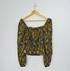 Boden Top Womens Size 10 Blue Gold Paisley Long Puff Sleeve Boho Gypsy Cotton - Picture 1 of 8