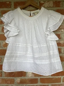 Chelsea & Violet Sz L Pullover Peasant Top White Eyelet Dbl Flutter Sleeve EUC! - Picture 1 of 8