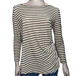 Armani Collezioni 10 Tan Cream Striped Fine Sweater Knit Gathered Side Top Shirt - Picture 1 of 7
