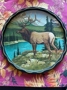 James L Artig Wildlife Round Metal Serving Decor Trays 2pc Elk & Black Bear 11” - Picture 1 of 12