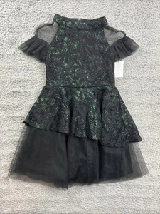 Wicked Paul Tazewell Dress Girls XS 4/5 Black Green Glitter Mesh Halloween - Picture 1 of 7