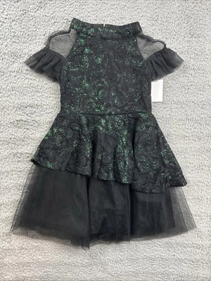 Wicked Paul Tazewell Dress Girls XS 4/5 Black Green Glitter Mesh Halloween - Image 1 of 4