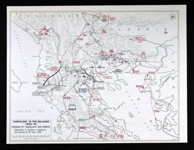 Mapa da Segunda Guerra Mundial 21 Balcãs Invasão Iugoslávia Grécia Aliakman Metaxas Linhas abril 1941 - Imagem 1 de 2