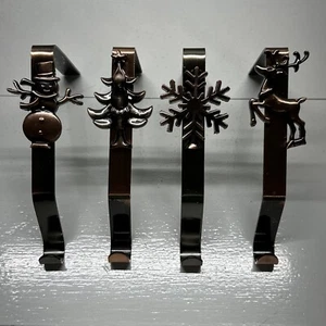 Stocking Hangers for Mantel Set of 4, Reindeer Snowflake Snowman Tree Oil Rubbed - Picture 1 of 8