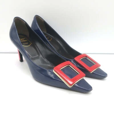 Roger Vivier Buckle Pumps Navy & Red Leather Size 38.5 Pointed Toe Heels NEW - Image 1 of 4