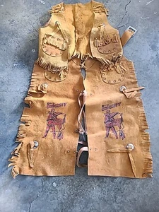 Vintage Child’s Western Cowboy Suede Leather Chaps Vest Outfit Davy CROCKETT - Picture 1 of 11