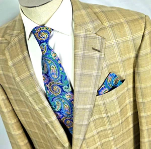Hart Schaffner Marx Gold Trumpeter Custom Worsted Wool Sport Coat Beige Check 48 - Picture 1 of 15