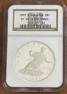 1997 S Jackie Robinson Commemorative Silver Dollar NGC PF 69 Ultra Cameo - Picture 1 of 2