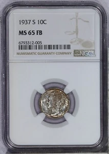1937-S Mercury Dime 10c NGC MS65 FB - Picture 1 of 2