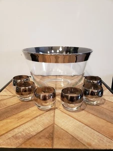 Dorothy Thorpe MCM Silver Band Punch Bowl with 6 Roly Poly Glasses MadMen Style - Picture 1 of 2