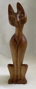 VTG Hand Carved Wood Siamese Cat MCM Retro Smirking Kitty Cat 10” - Picture 1 of 8