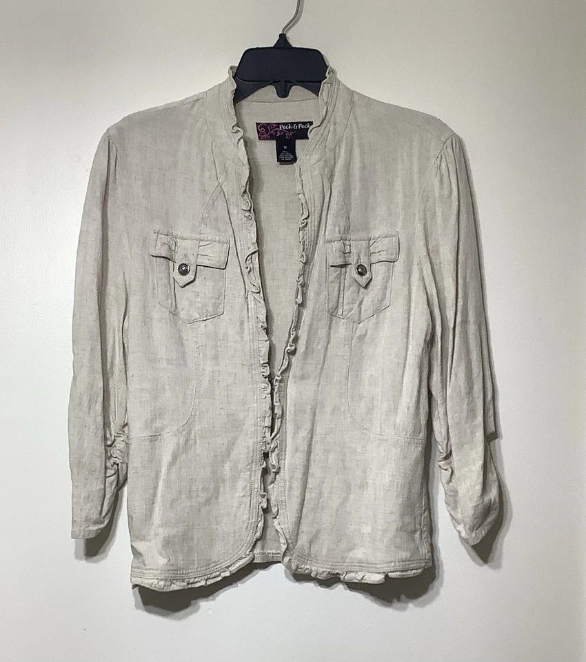 Chaqueta Blazer Top Marfil Peck & Peck Para Mujer Talla Mediana Mezcla de Lino Frente Abierto Foto 1 de 4