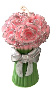 Exclusive Handmade Pink Silver Flowers Candle 4.5" tall, Scented Unique Gift - Picture 1 of 6