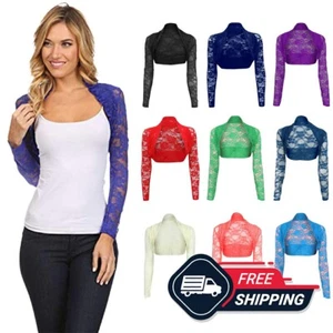 Womens Long Sleeves Lace Shrug Ladies Cropped Bolero Jacket Cardigan Top UK 8-26 - Picture 1 of 31