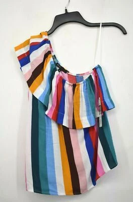 Gibson X Hi Sugarplum! Women Multicolor Striped Ibiza One-Shoulder Ruffle Top PS - Image 1 of 4