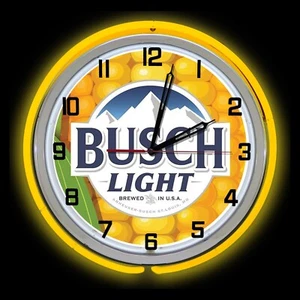 BUSCH Light Beer Sign Corn 19" Yellow Double Neon Clock Garage Man Cave - Picture 1 of 2