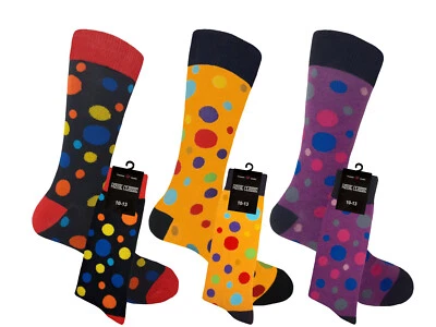 3 PAIR MEN'S DRESS SOCKS FORMAL POLKA DOT YELLOW PURPLE BLACK COTTON SOCKS - Image 1 of 4