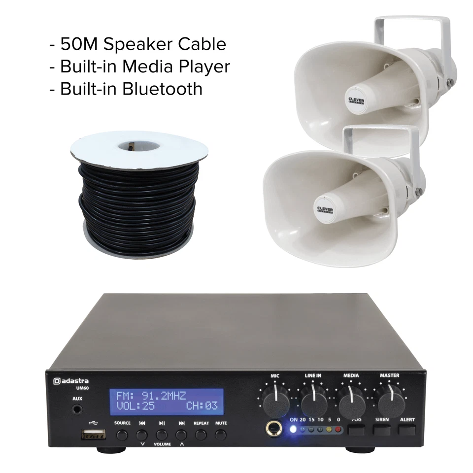 Adastra UM60 Kompaktmixer-Amp mit 2x 30W Horn-Lautsprechern & 100m Kabel - Bild 1 von 1