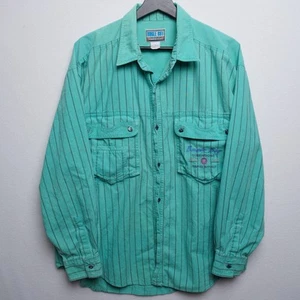 Vintage Bugle Boy Green Striped Work Shirt Embroidered 90s Size L - Picture 1 of 9