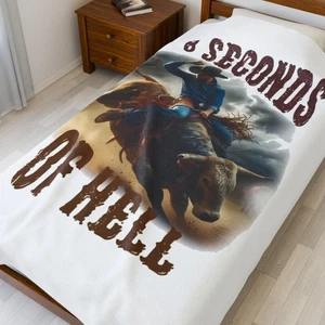 8 Seconds Of Hell Rodeo Bull Riding Plush Soft Blanket Luxurious Western Art - Picture 1 of 13