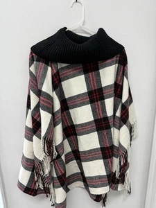 Talbots Cowlneck Black White Red Plaid Poncho M/L NWT MSRP $159 - Picture 1 of 5