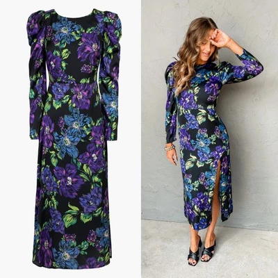 Vestido midi Adelyn Rae Erin con cordones espalda abertura manga larga floral medianoche XS NUEVO CON ETIQUETAS Foto 1 de 4