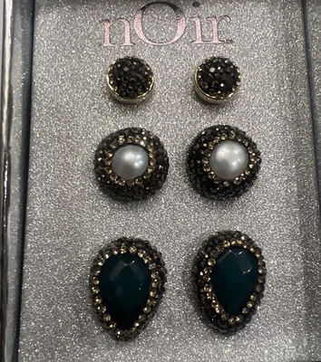 Juego de 3 pendientes Noir nuevo en caja pedrería plata perla Foto 1 de 4
