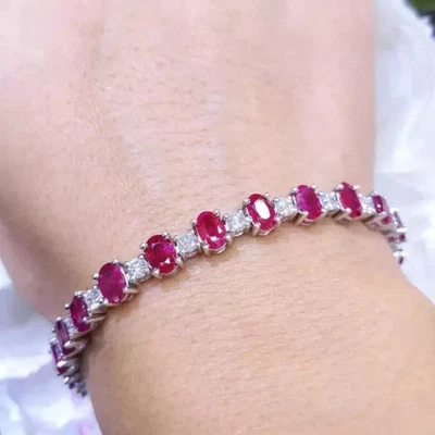 4Ct Oval Cut 14K White Gold Plated Lab Created Pink Ruby Women's Tennis Bracelet - Image 1 of 4
