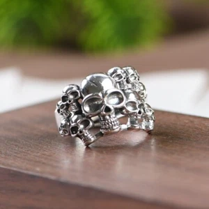 S925 Sterling Silver Gothic Skull Stack Opening Ring -Bold & Edgy Punk Jewelry - Picture 1 of 15